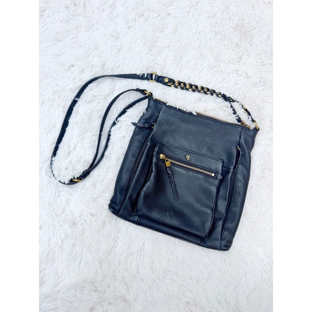 (AS-IS) Elliott Lucca Black Pebbled Leather Crossbody Bag Gold Chain Strap